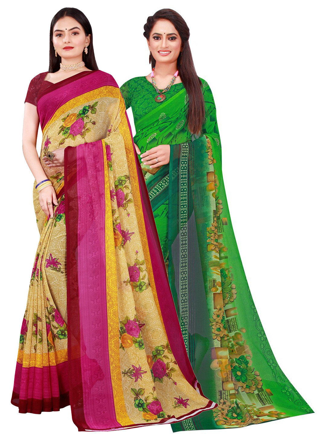 

SAADHVI Green & Beige Floral Pack of 2 Pure Georgette Saree