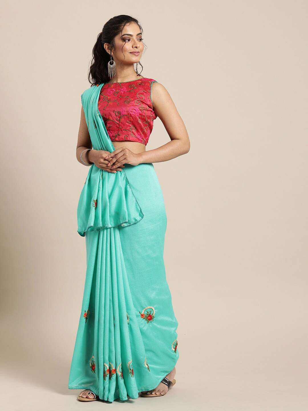 

SHAVYA Sea Green & Red Floral Embroidered Pure Georgette Saree
