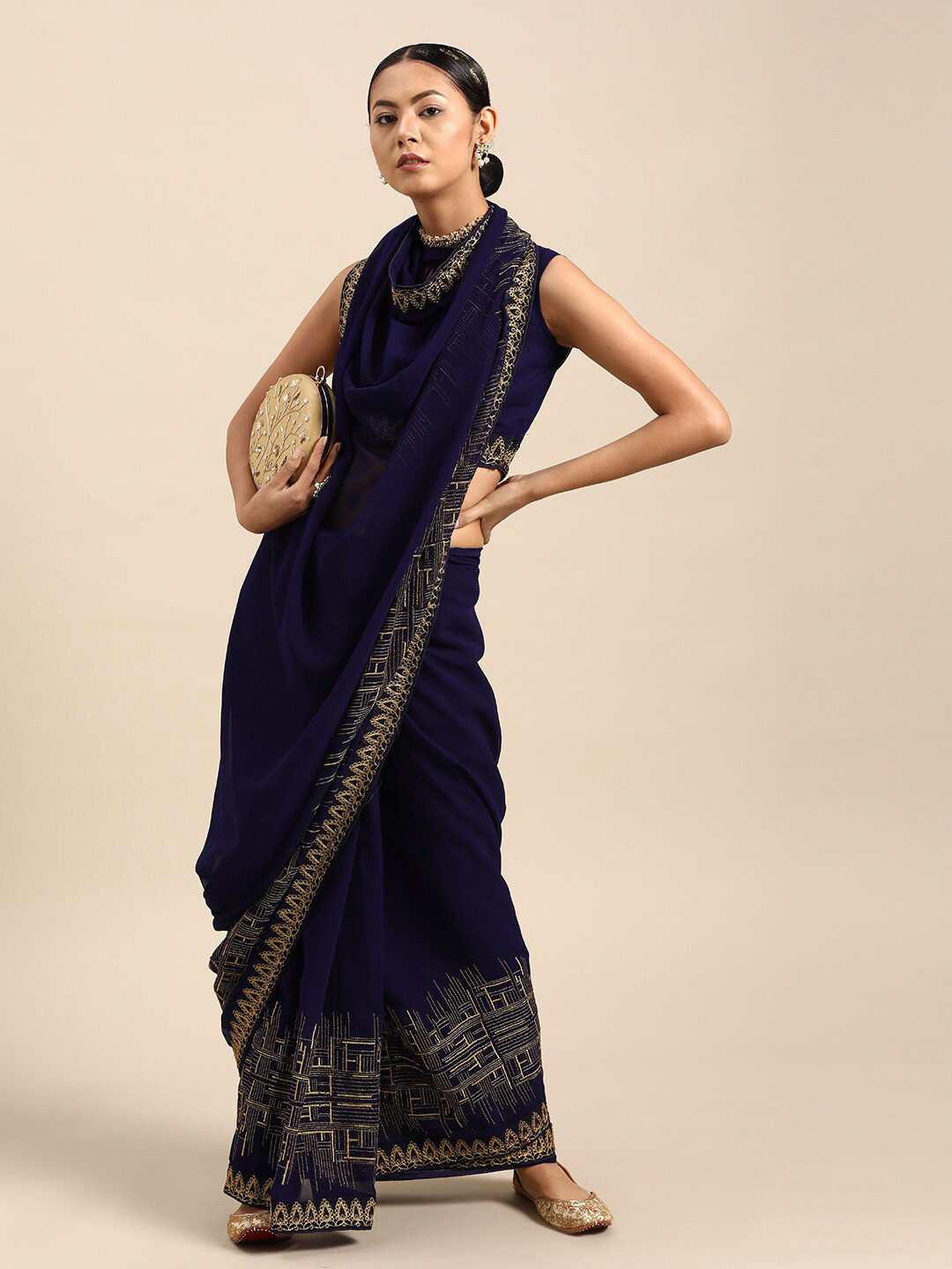

SHAVYA Navy Blue Embroidered Pure Georgette Saree