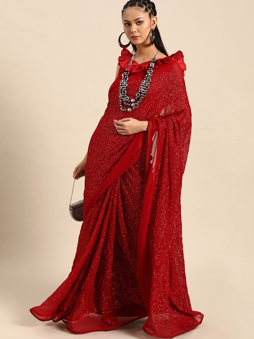 

SHAVYA Maroon Embellished Sequinned Pure Georgette Saree