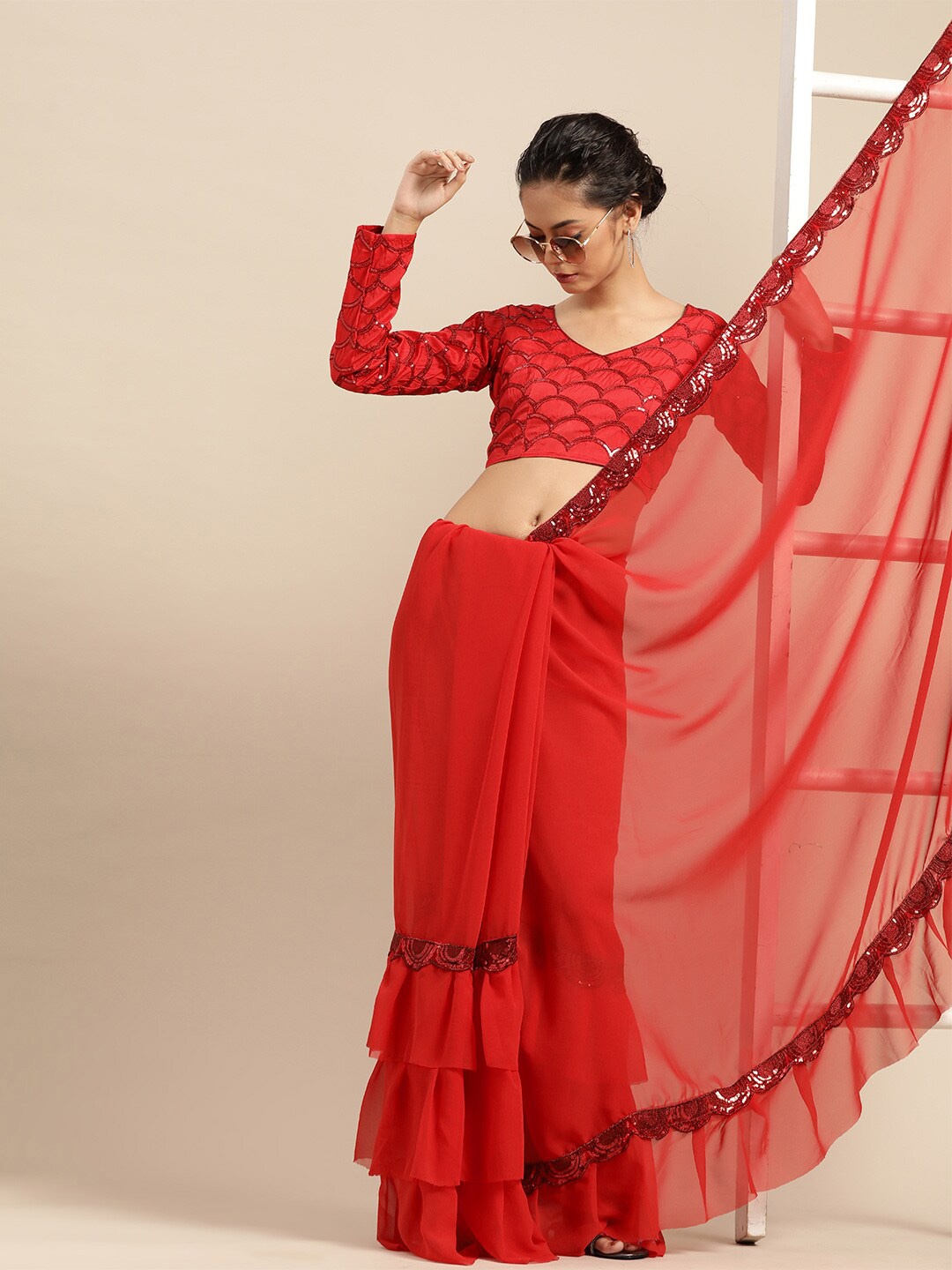 

SHAVYA Red Sequinned Pure Georgette Ruffles Saree
