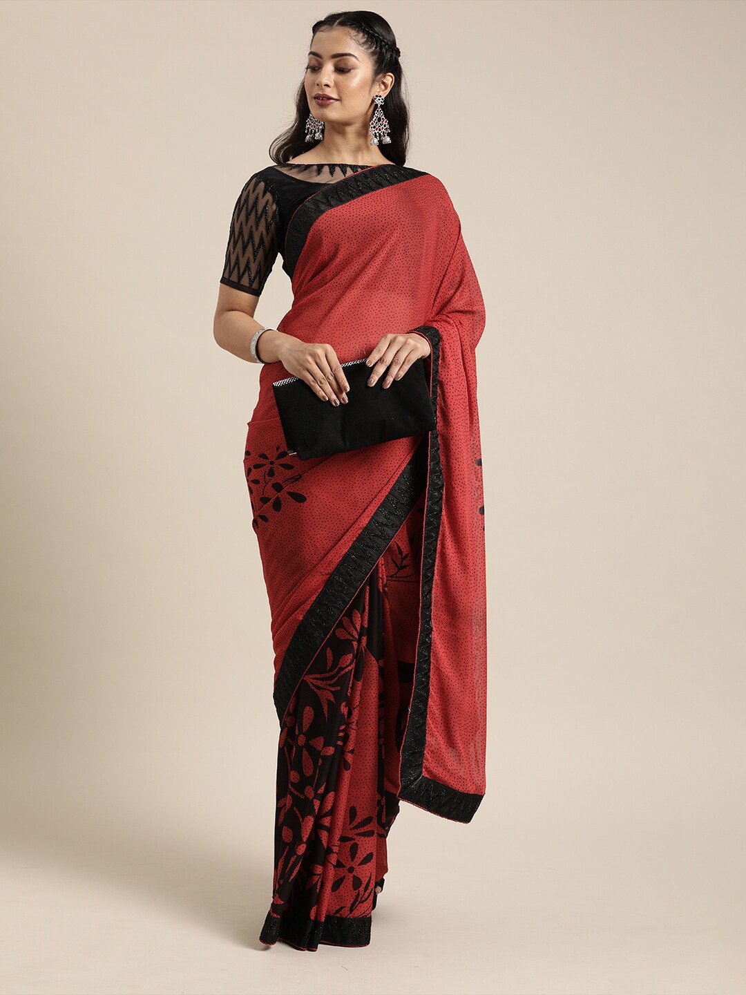 

SHAVYA Black & Red Floral Print Pure Georgette Saree