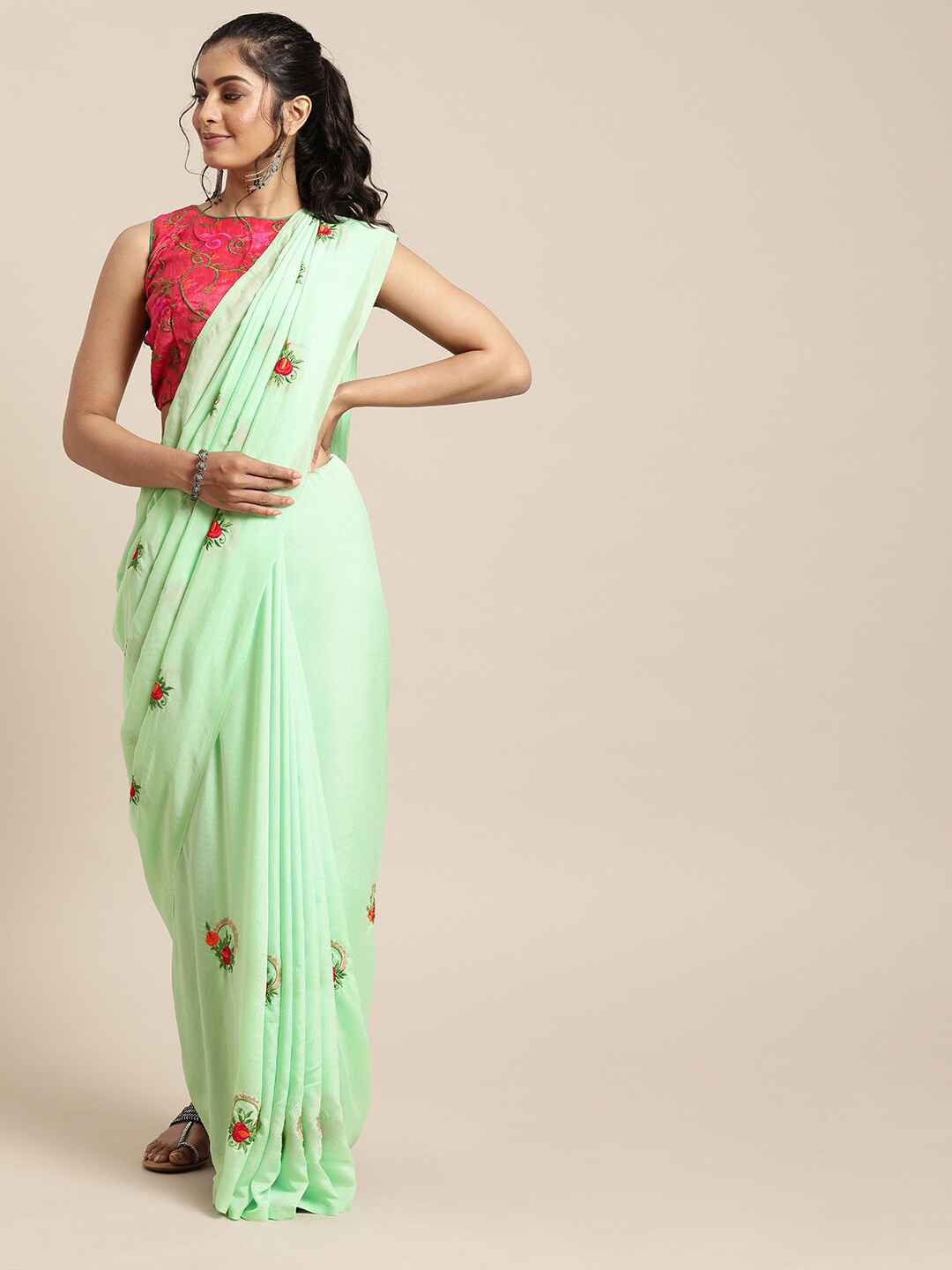 

SHAVYA Sea Green & Red Floral Embroidered Pure Georgette Saree