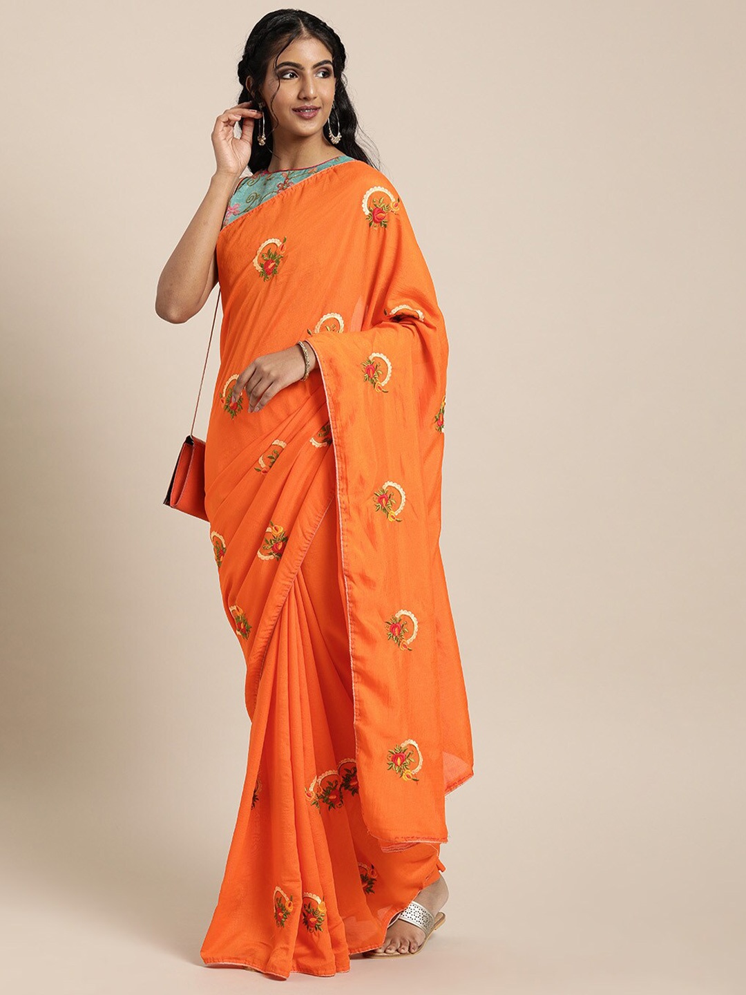 

SHAVYA Orange & Green Floral Embroidered Pure Georgette Saree