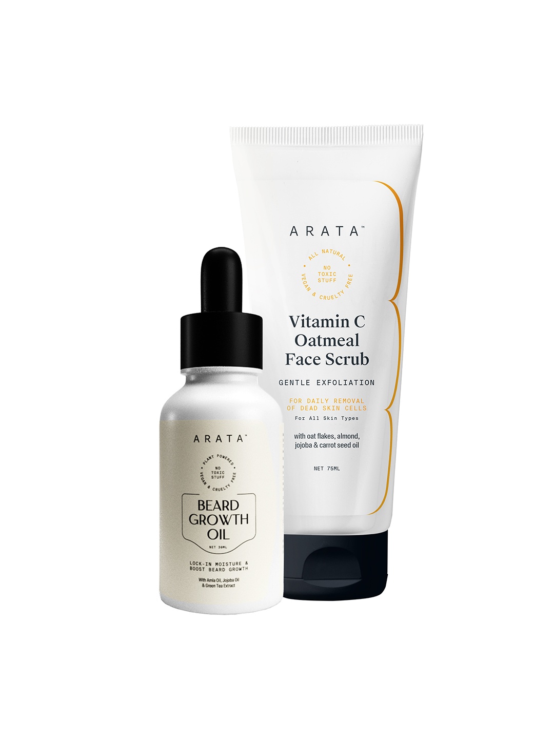 

ARATA Men Lock In Moisture Beard Growth Oil 30 ml & Vitamin C Oatmeal Face Scrub 75 ml, White