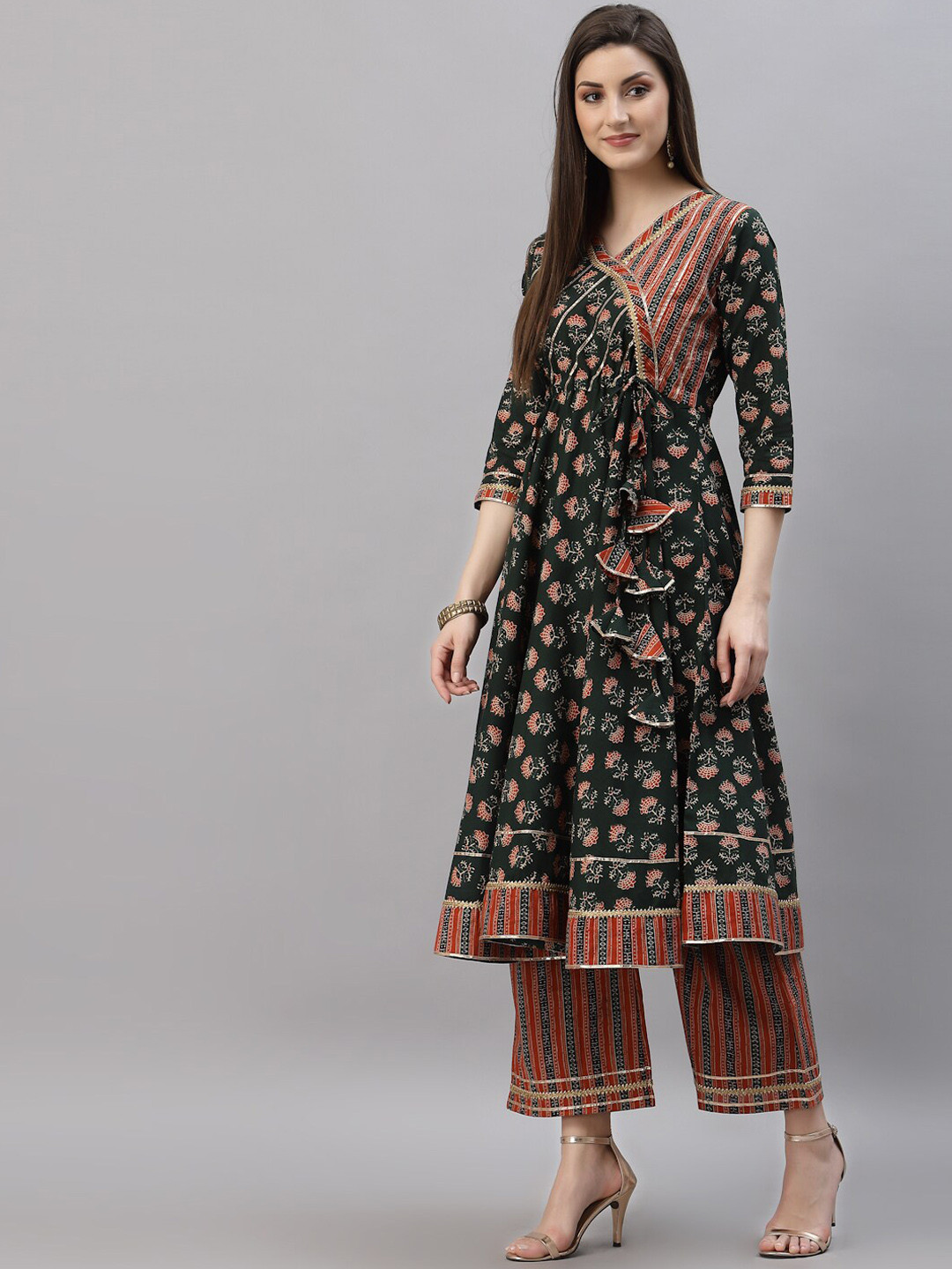 

Rudra Bazaar Women Green Ethnic Motifs Printed Angrakha Pure Cotton Kurta with Palazzos