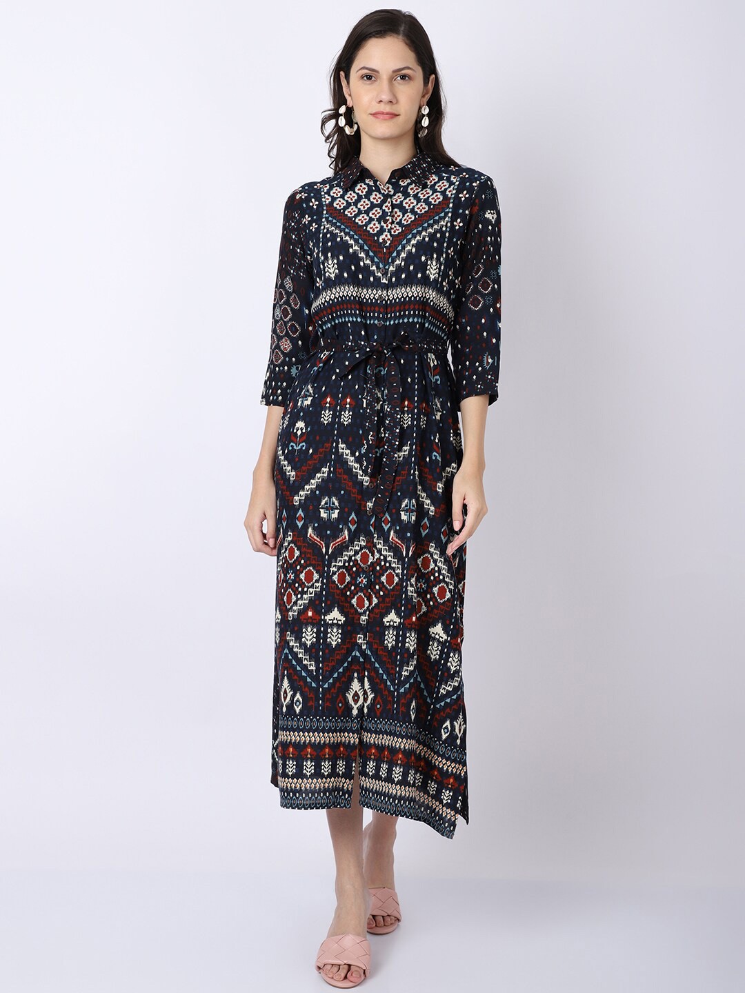

Cantabil Navy Blue Ethnic Motifs Shirt Midi Dress
