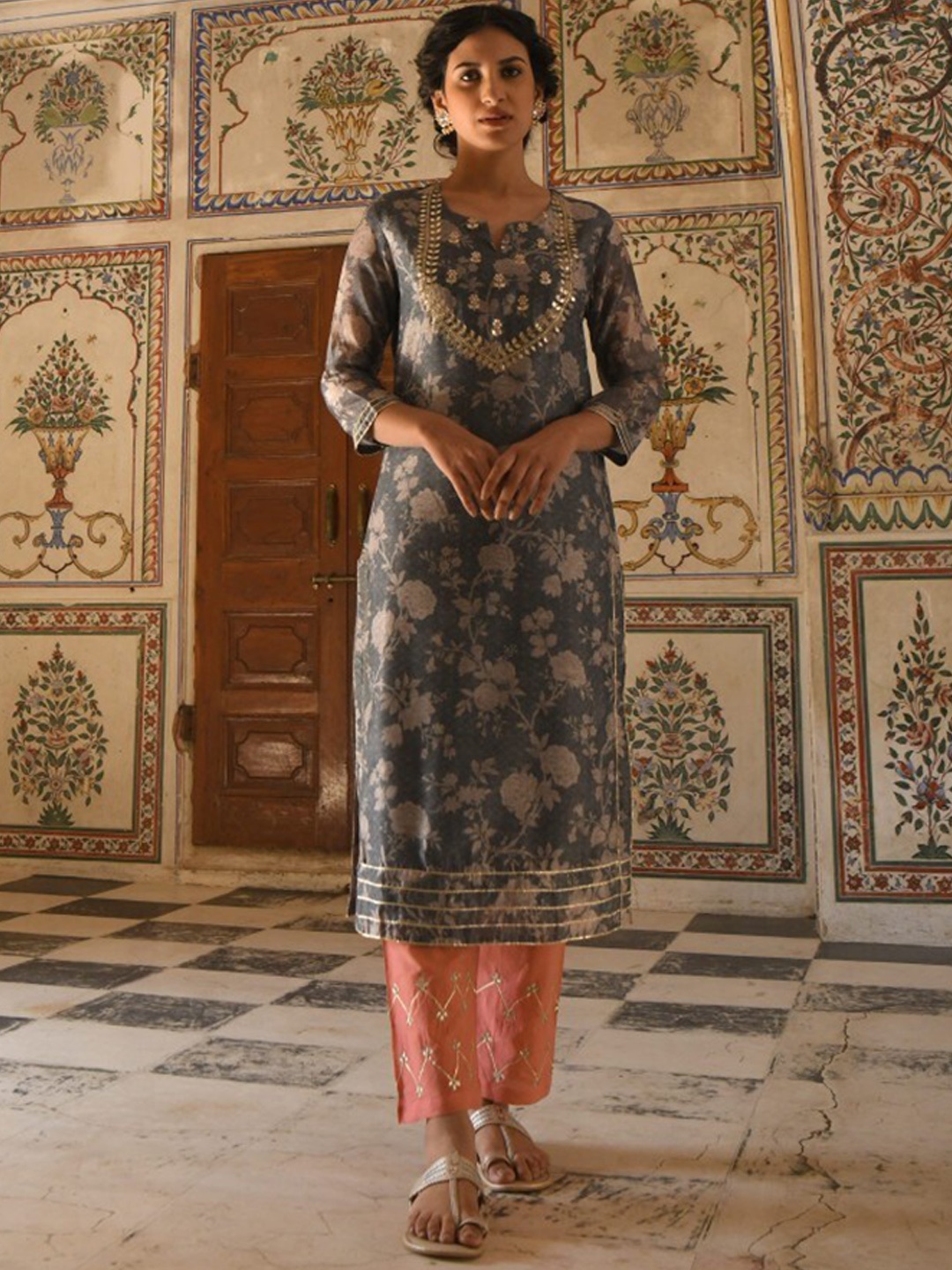 

KARAJ JAIPUR Women Grey Ethnic Motifs Printed Chanderi Cotton Kurta with Palazzo