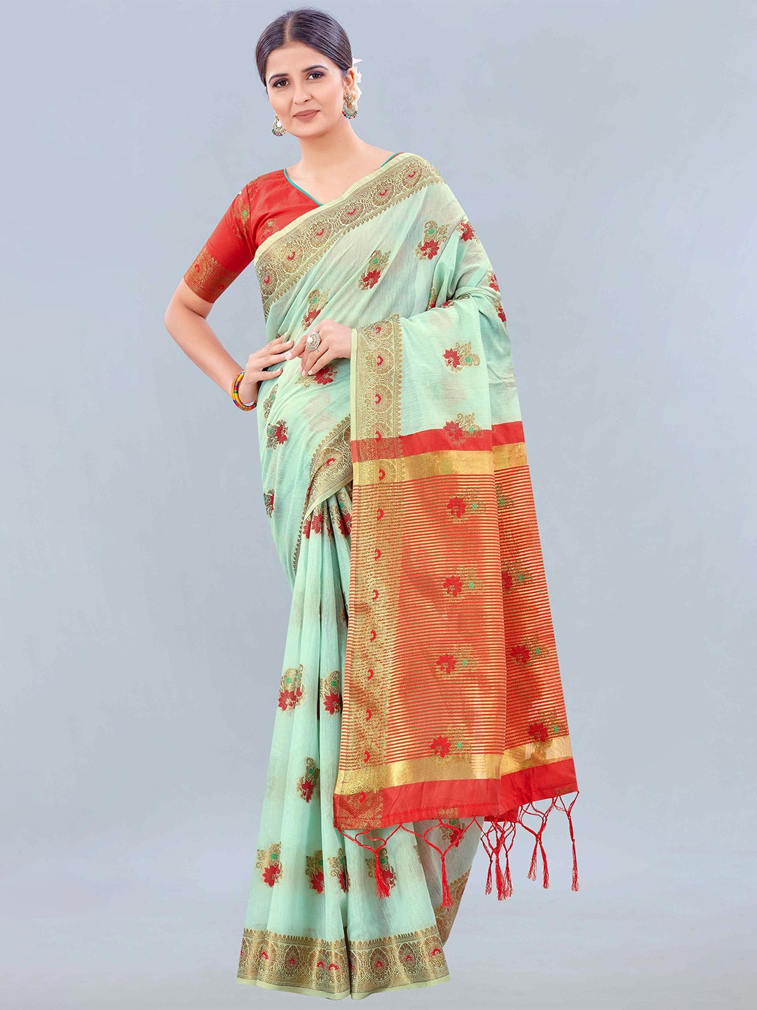 

Mizzific Turquoise Blue & Red Floral Woven Design Zari Pure Cotton Chanderi Saree