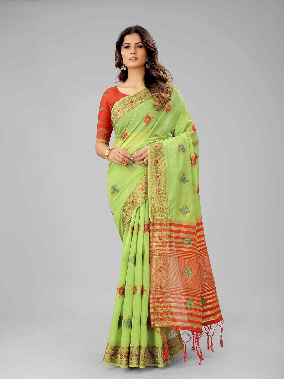 

Mizzific Green & Orange Floral Woven Design Zari Pure Cotton Chanderi Saree