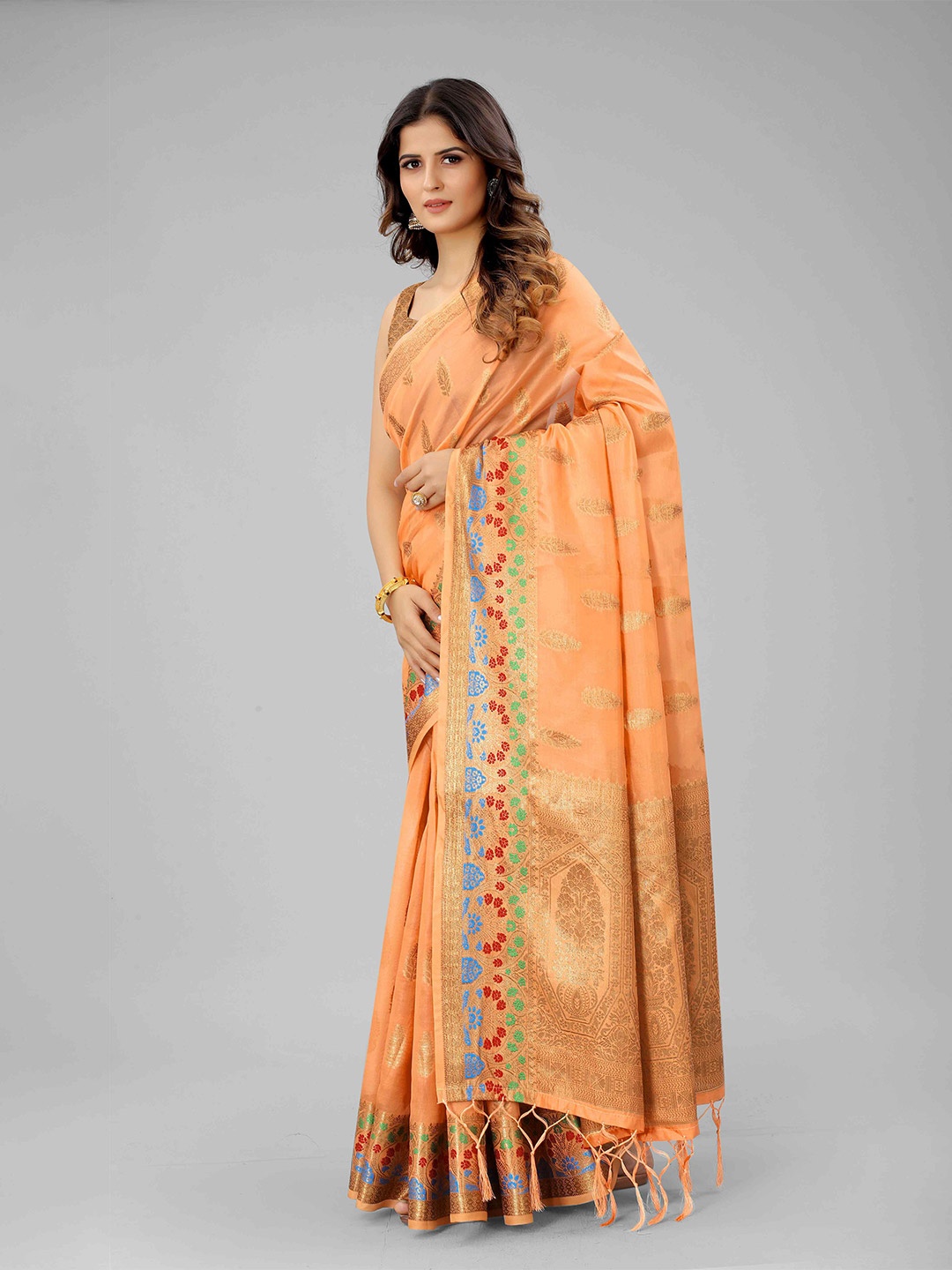 

Mizzific Peach-Coloured & Blue Woven Design Zari Organza Chanderi Saree