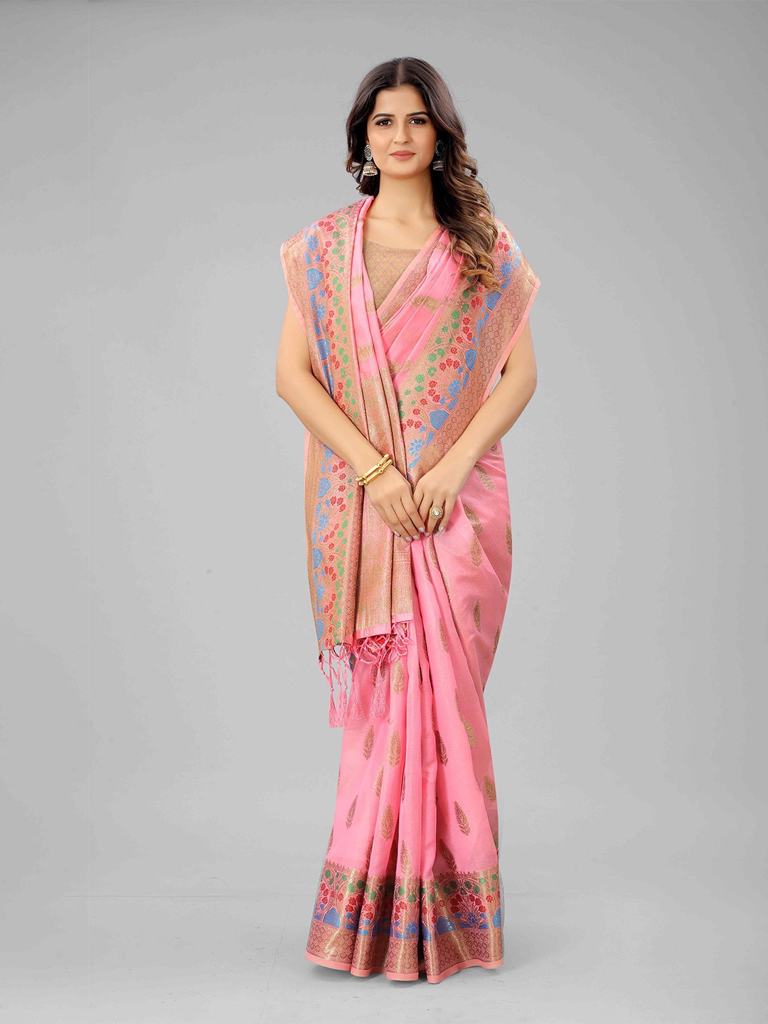 

Mizzific Pink & Blue Floral Zari Organza Chanderi Saree