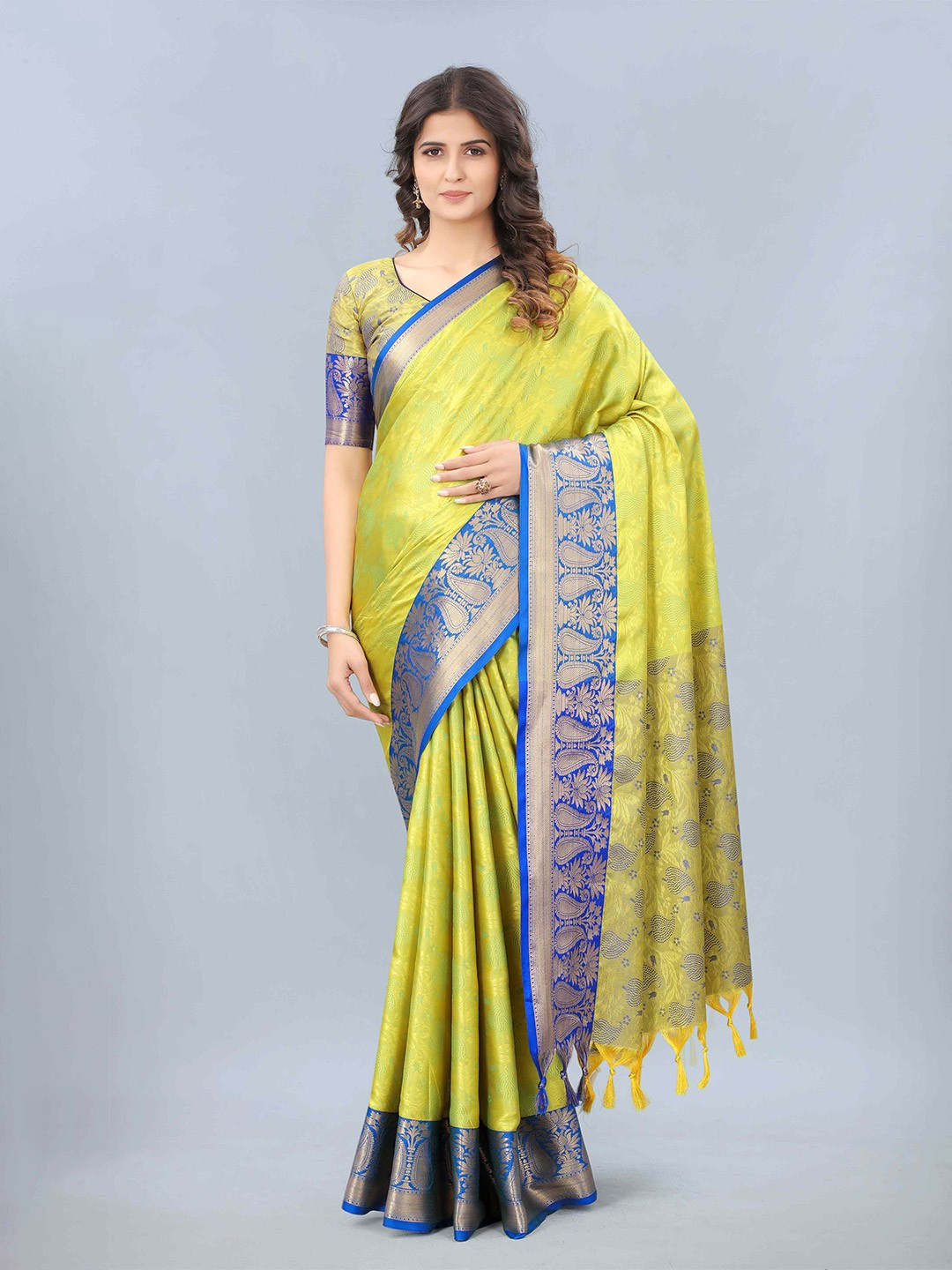 

Mizzific Lime Green & Blue Woven Design Zari Silk Cotton Kanjeevaram Saree