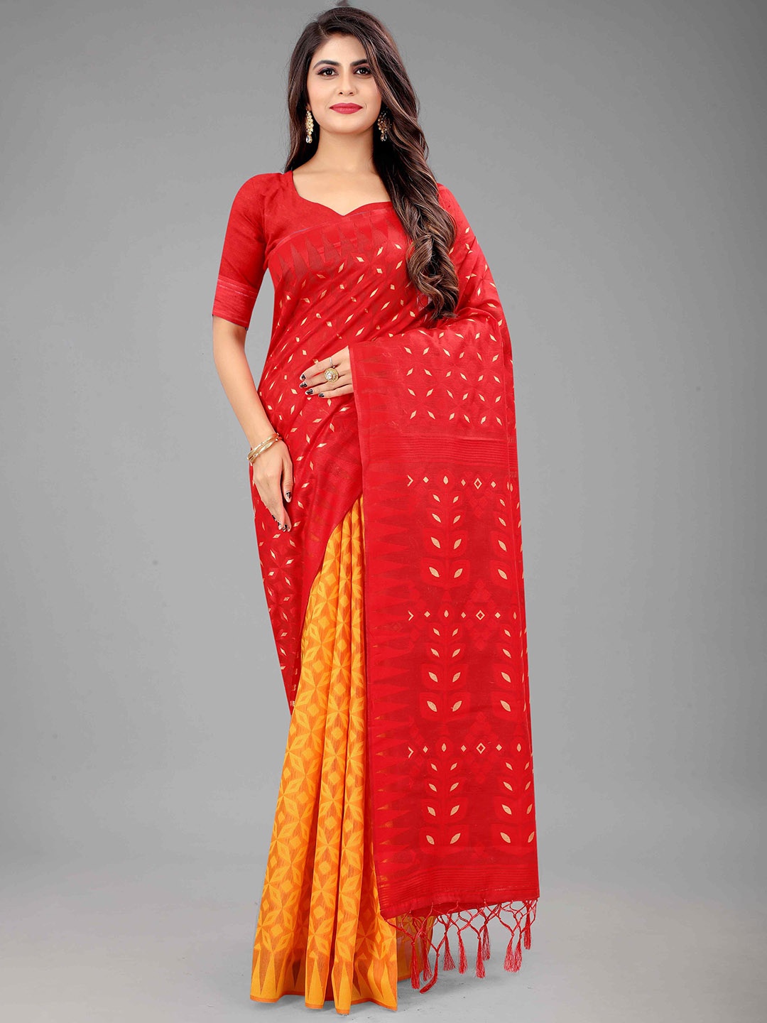 

Mizzific Red & Yellow Woven Design Jamdani Saree
