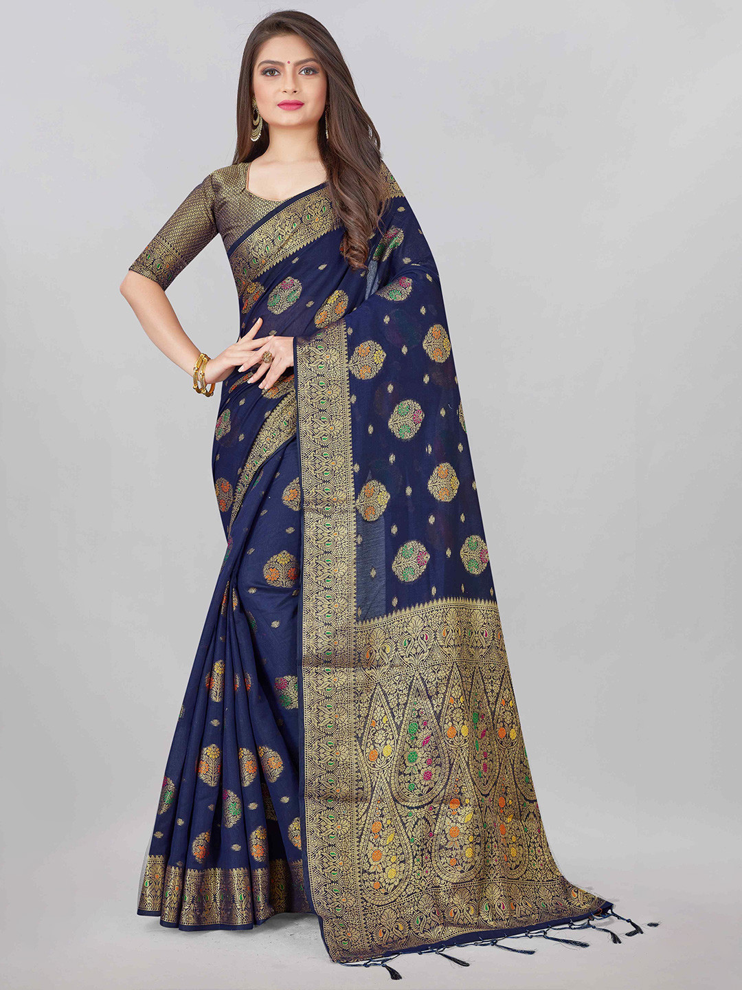 

Mizzific Blue Woven Design Zari Pure Cotton Chanderi Saree