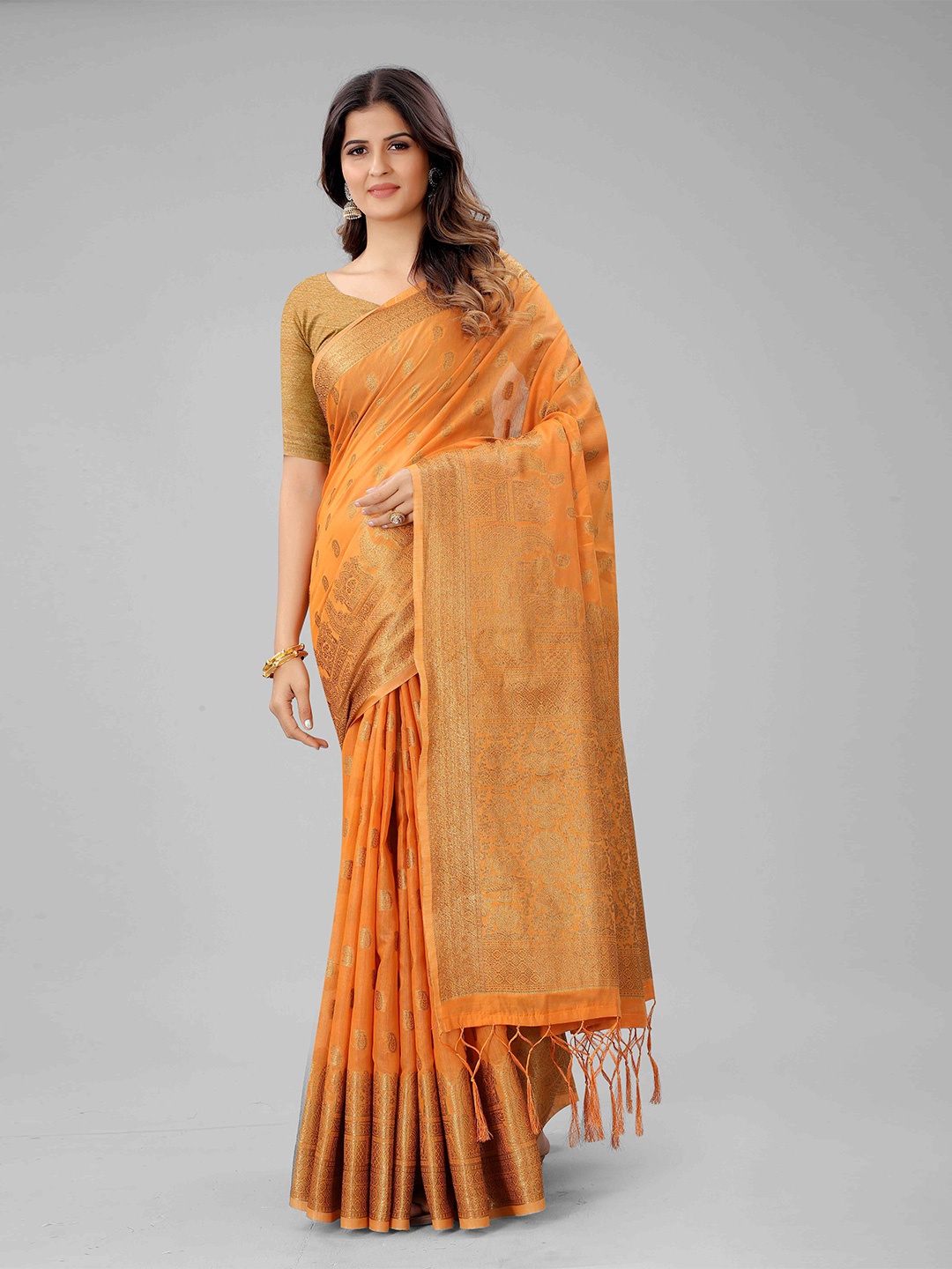 

Mizzific Orange & Gold-Toned Woven Design Zari Pure Cotton Chanderi Saree