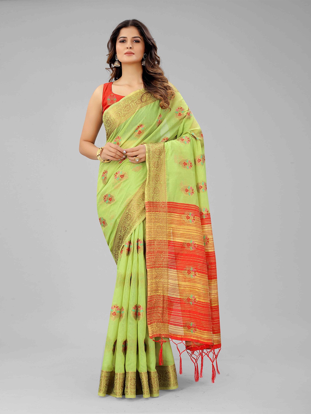 

Mizzific Green & Orange Woven Design Zari Pure Cotton Chanderi Saree