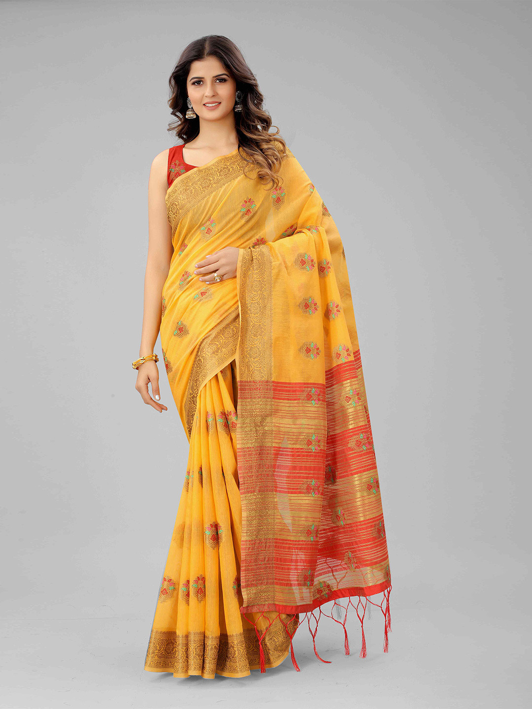 

Mizzific Yellow & Golden Woven Design Zari Pure Cotton Chanderi Saree