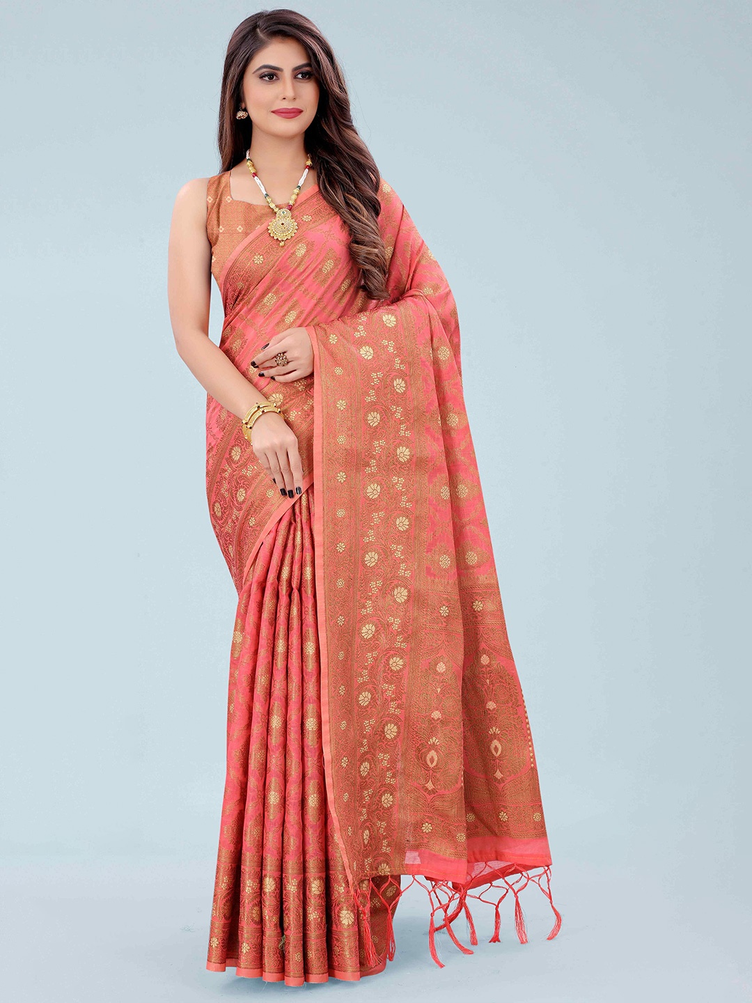 

Mizzific Pink & Gold-Toned Woven Design Zari Pure Cotton Chanderi Saree