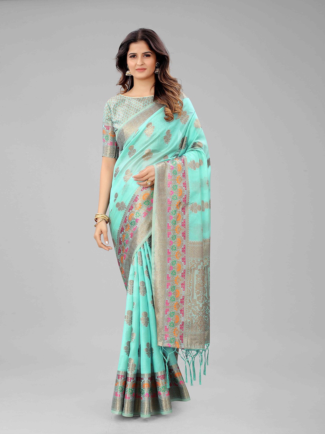 

Mizzific Turquoise Blue & Gold-Toned Floral Woven Design Zari Organza Chanderi Saree