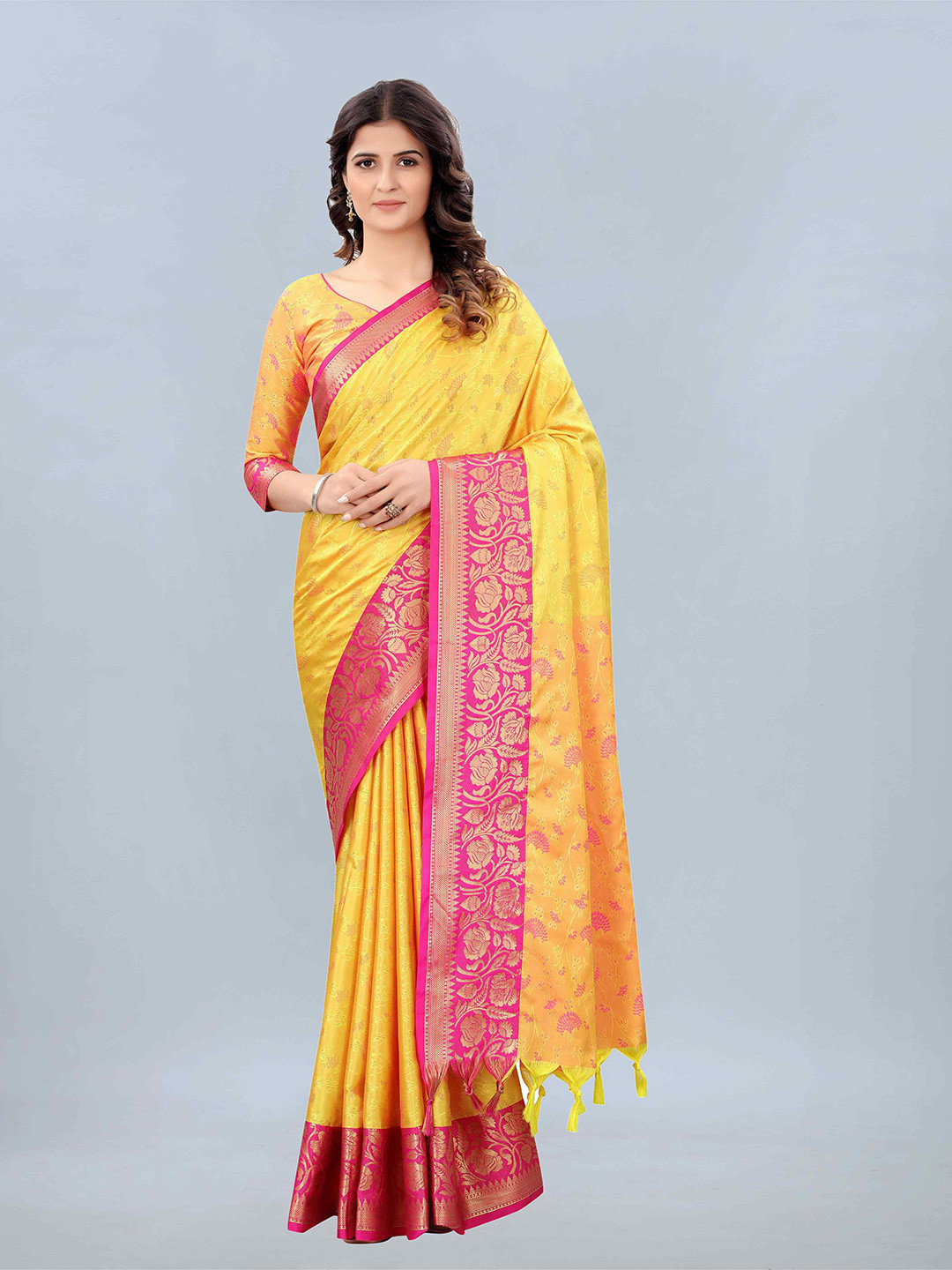 

Mizzific Yellow & Pink Woven Design Zari Silk Cotton Kanjeevaram Saree