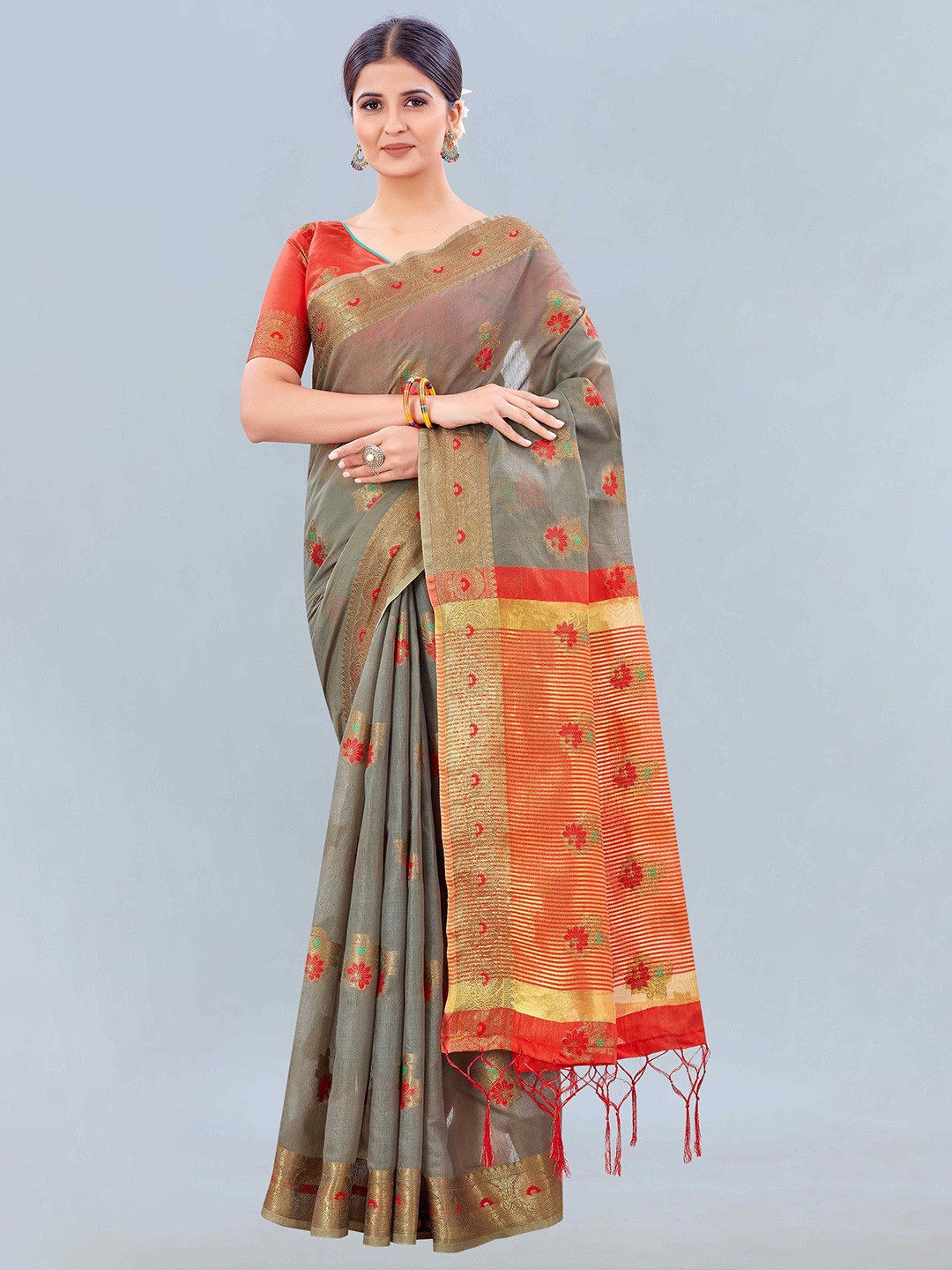 

Mizzific Grey & Red Woven Design Zari Pure Cotton Chanderi Saree