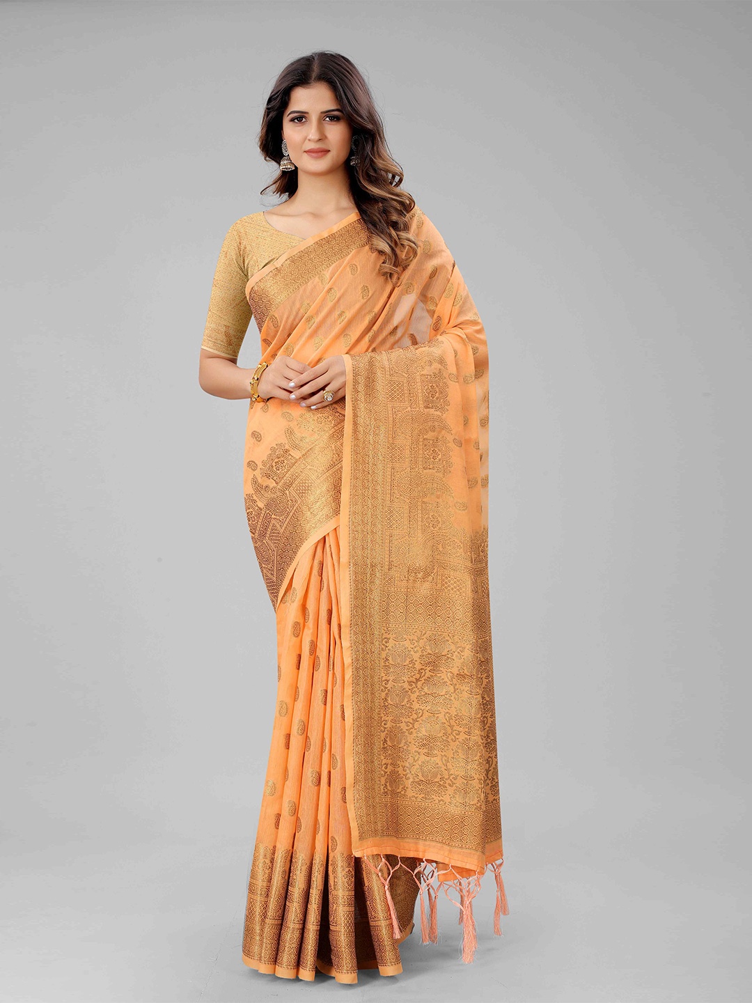 

Mizzific Peach-Coloured & Golden Ethnic Motifs Zari Pure Cotton Chanderi Saree