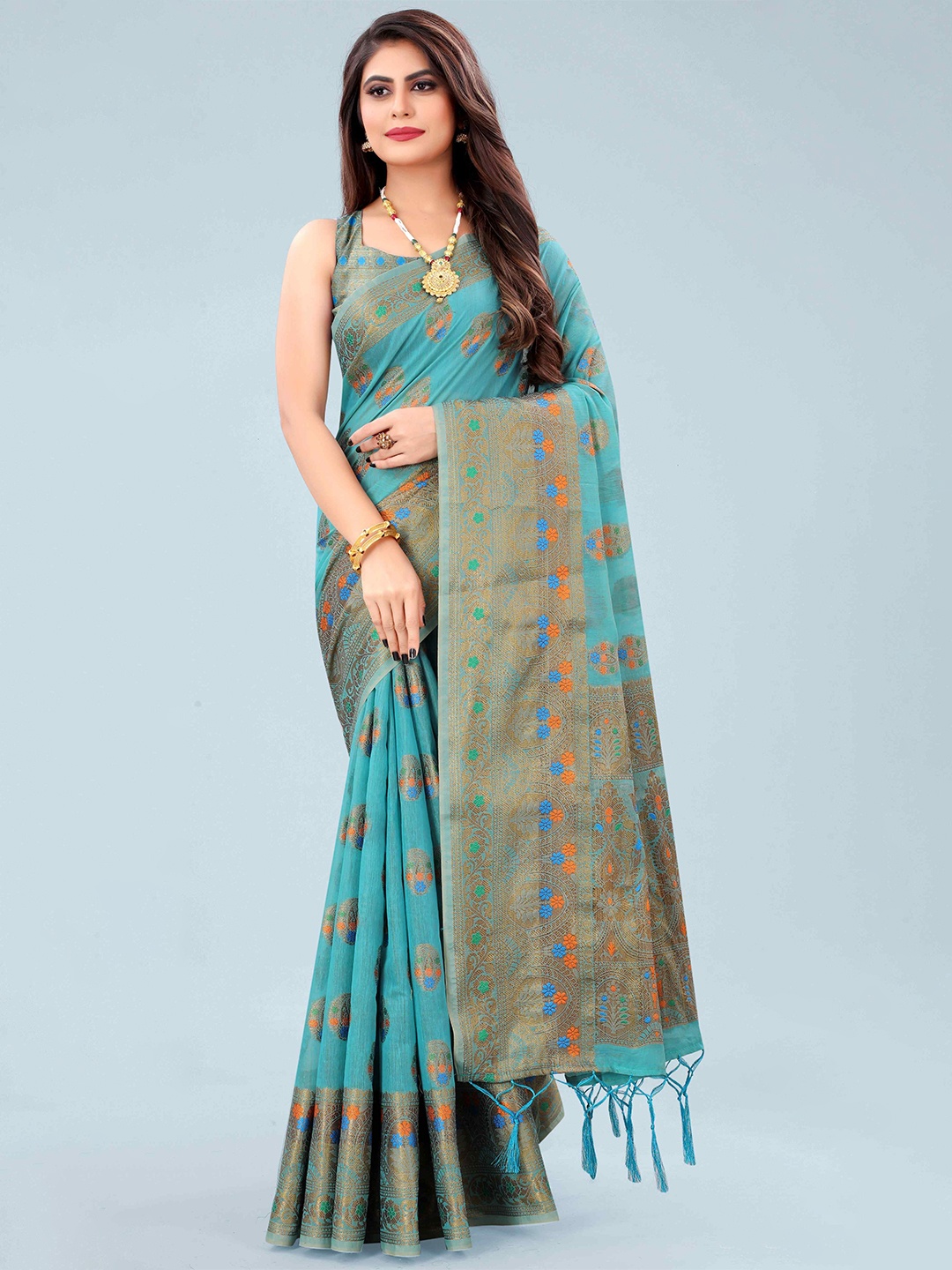 

Mizzific Turquoise Blue & Green Floral Zari Pure Cotton Chanderi Saree