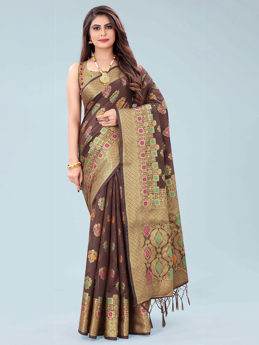 

Mizzific Brown & Gold-Toned Woven Design Zari Pure Cotton Chanderi Saree