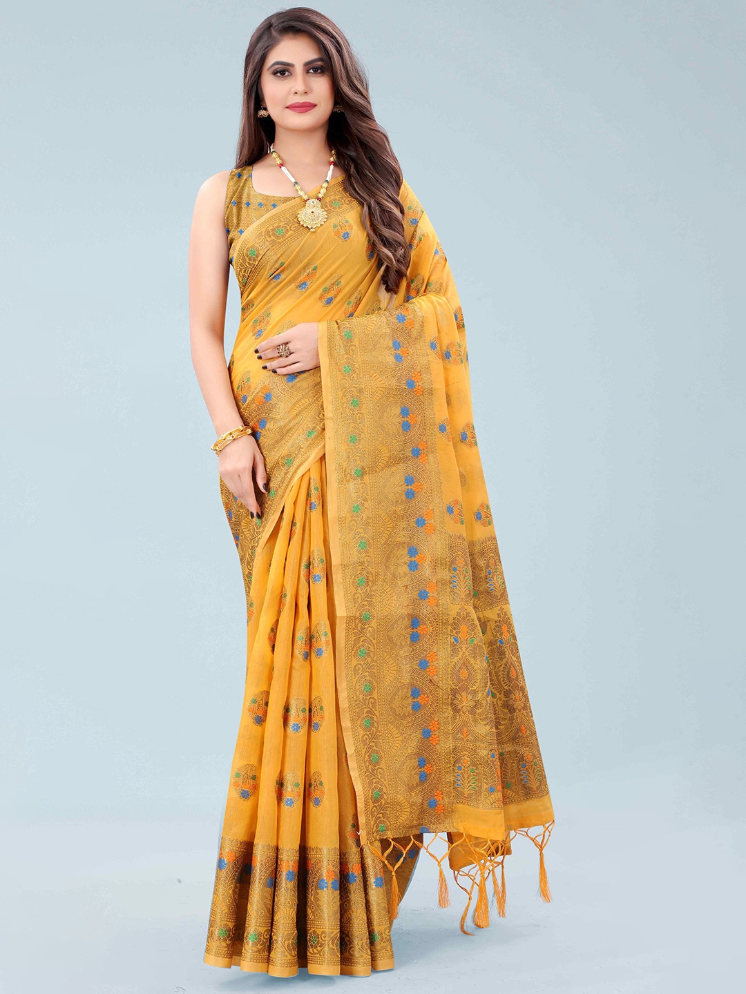 

Mizzific Yellow & Blue Floral Zari Pure Cotton Chanderi Saree