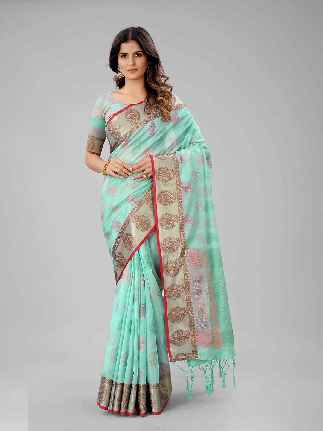 

Mizzific Turquoise Blue & Purple Paisley Zari Organza Chanderi Saree