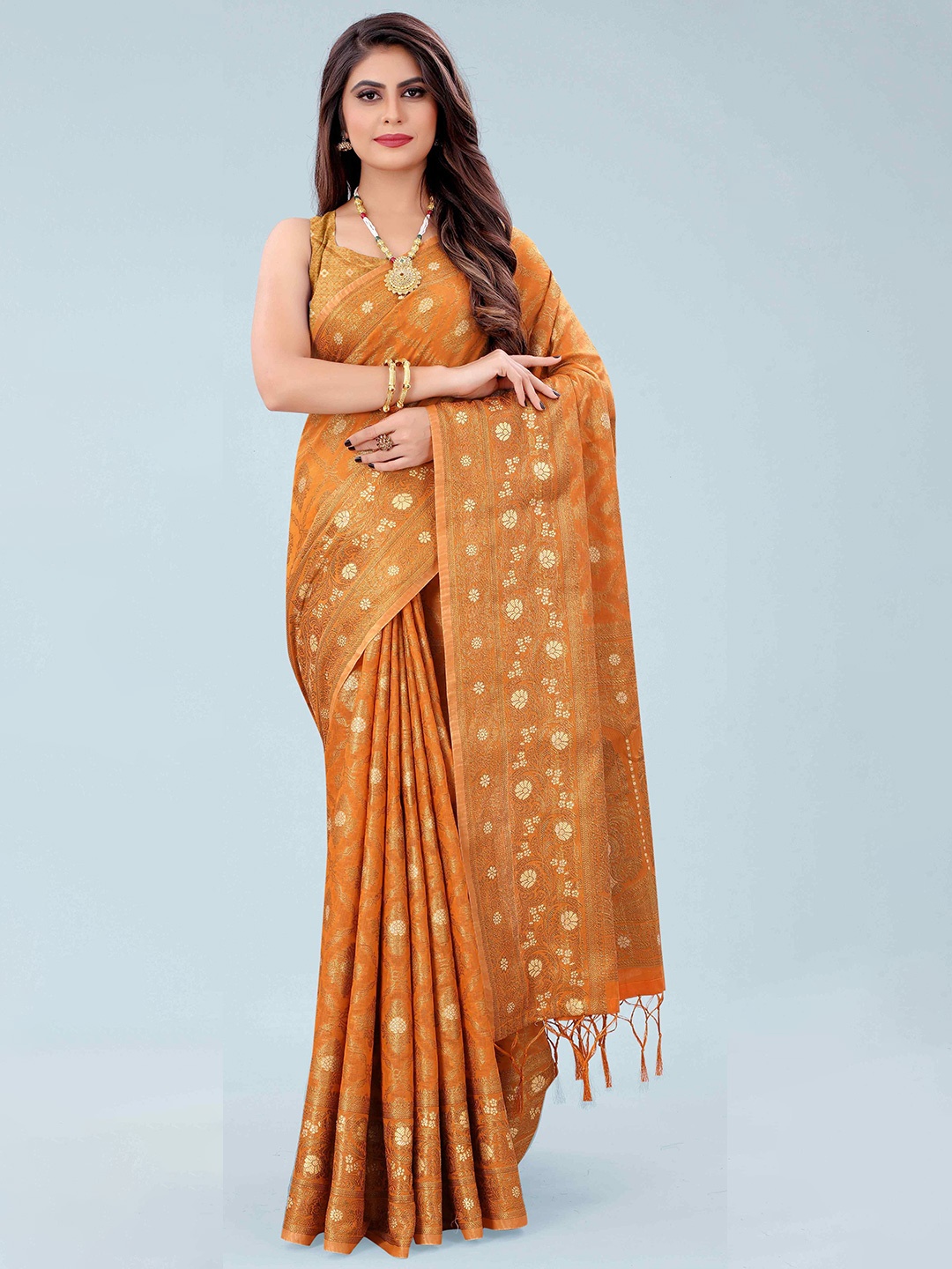 

Mizzific Orange & Gold-Toned Woven Design Zari Pure Cotton Chanderi Saree