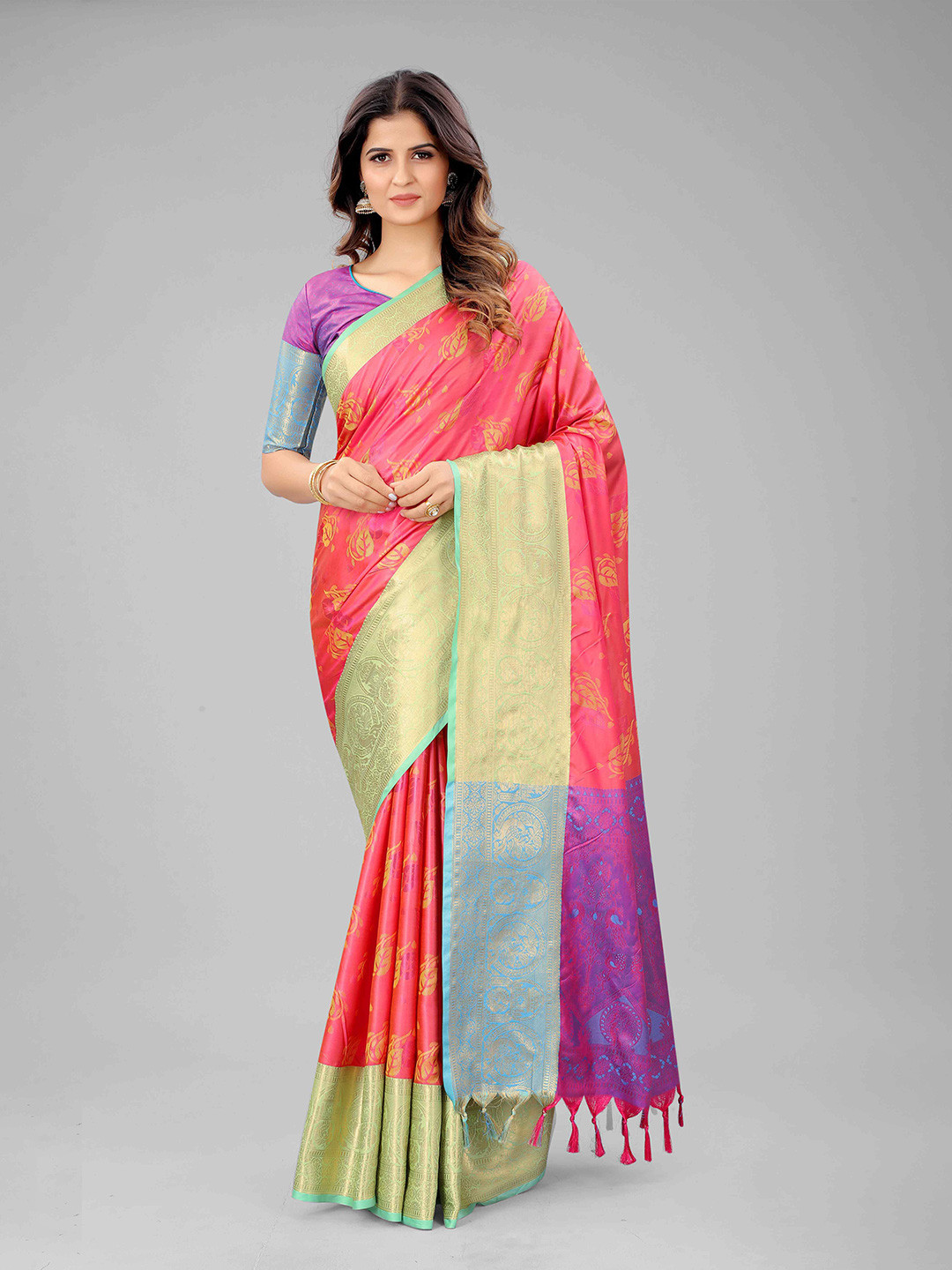 

Mizzific Pink & Purple Woven Design Zari Silk Cotton Kanjeevaram Saree