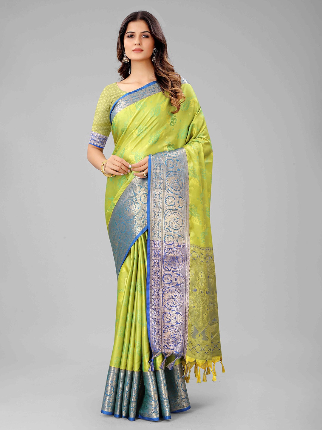 

Mizzific Lime Green & Blue Woven Design Zari Silk Cotton Kanjeevaram Saree
