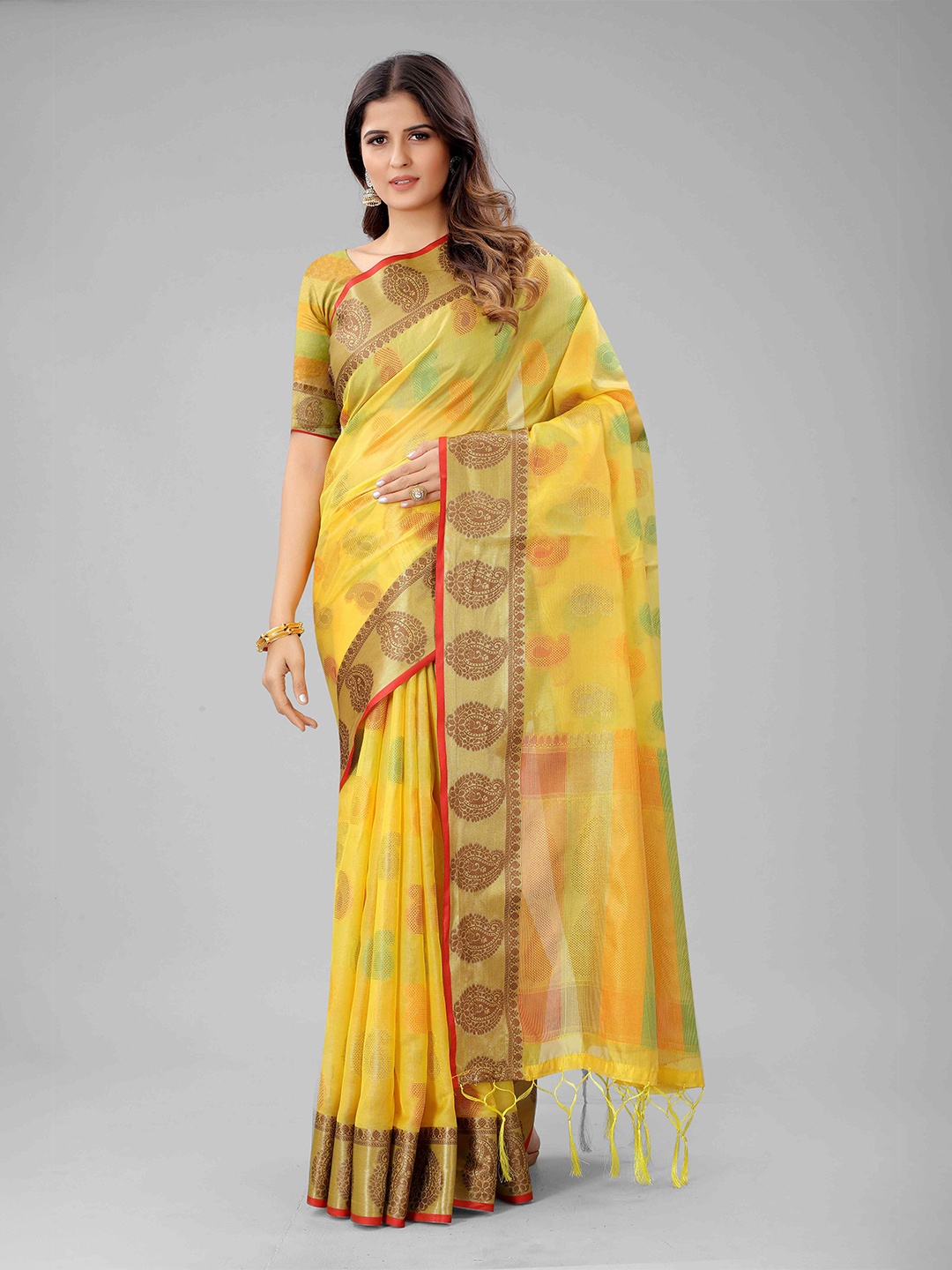 

Mizzific Yellow & Green Paisley Zari Organza Chanderi Saree 100% Cotton
