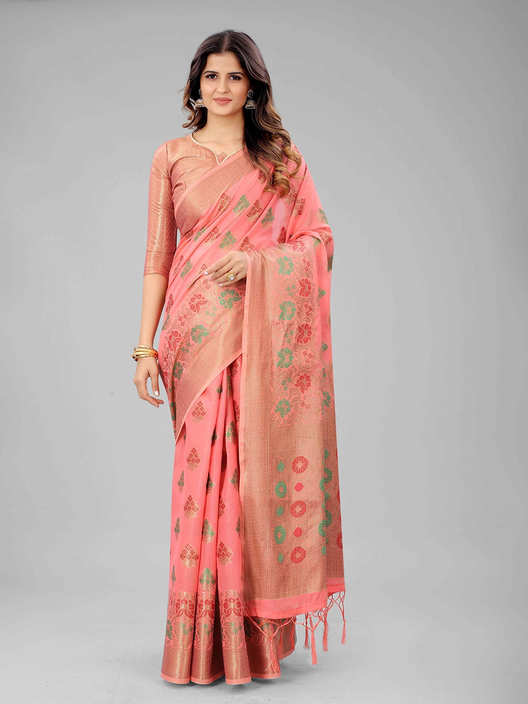 

Mizzific Pink & Red Floral Zari Pure Cotton Chanderi Saree