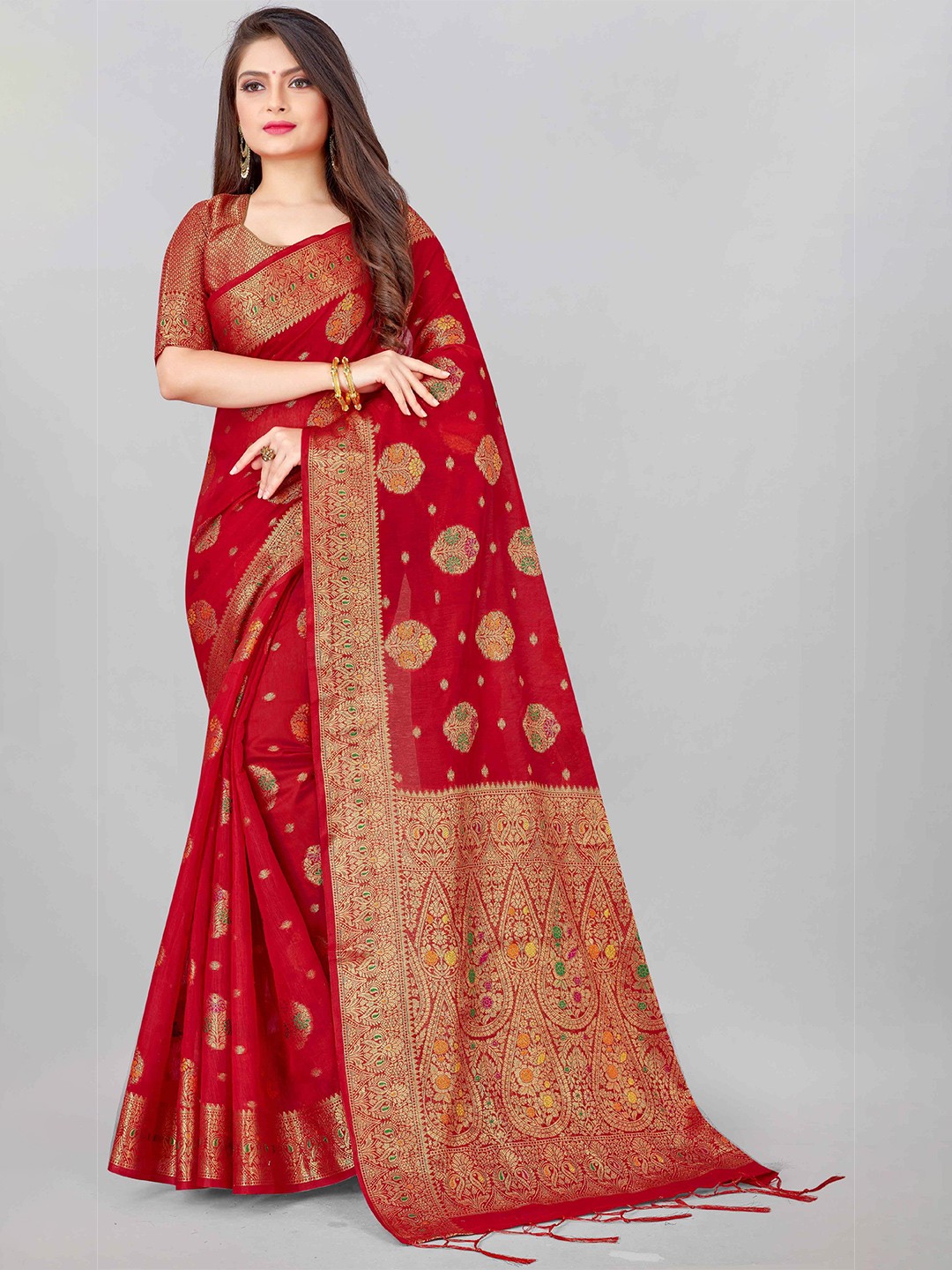 

Mizzific Red & Gold-Toned Woven Design Zari Pure Cotton Chanderi Saree