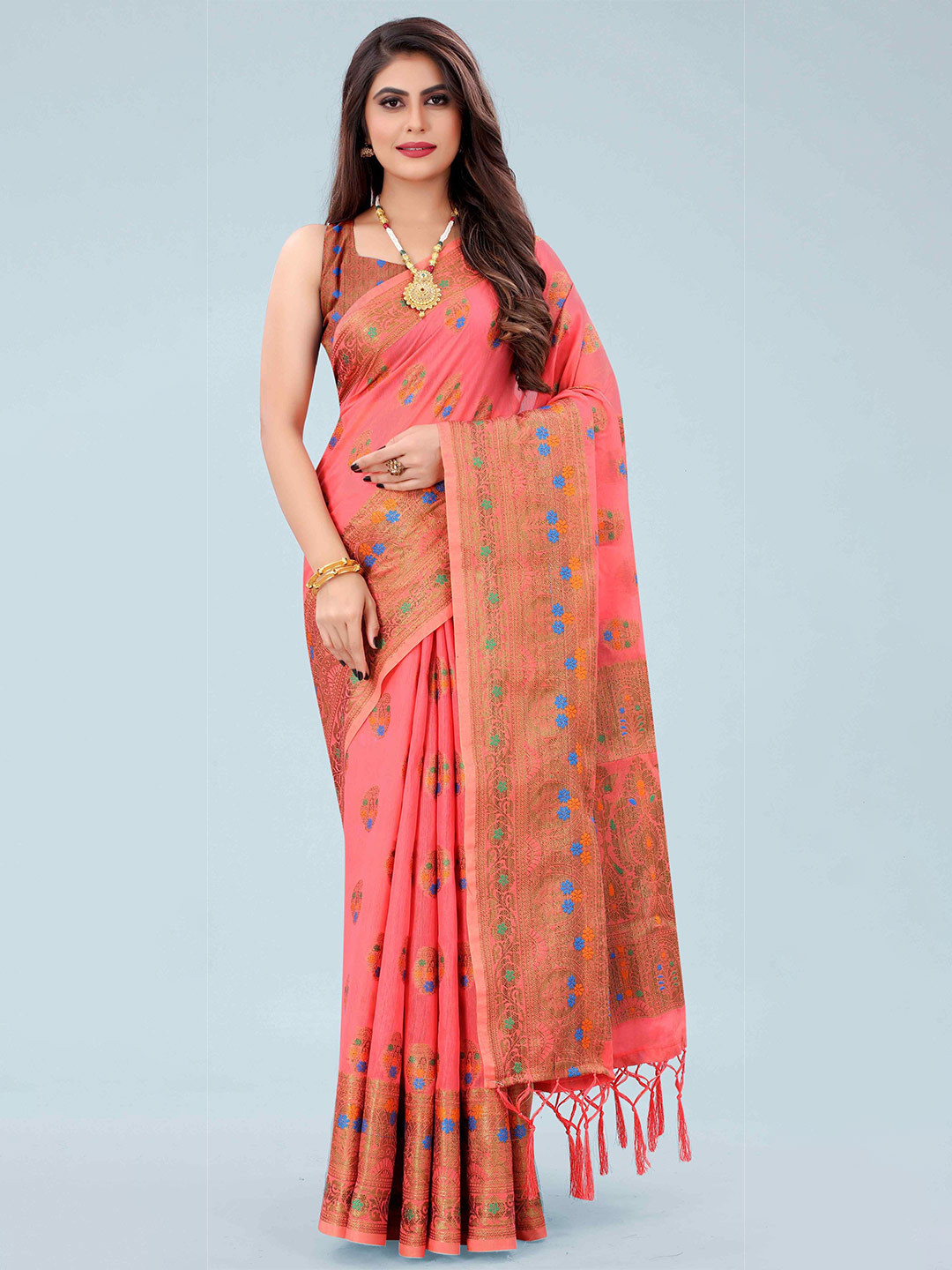 

Mizzific Pink & Blue Woven Design Zari Pure Cotton Chanderi Saree