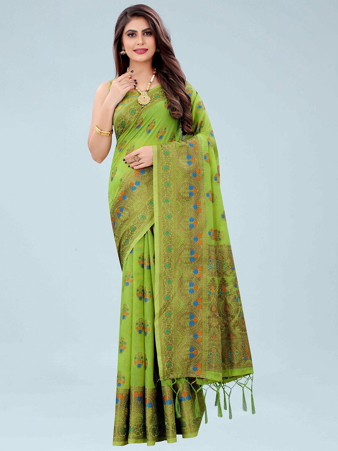 

Mizzific Green & Blue Floral Zari Pure Cotton Chanderi Saree