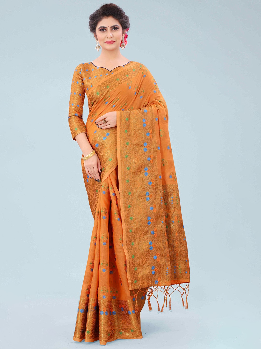 

Mizzific Orange & Blue Woven Design Zari Pure Cotton Chanderi Saree