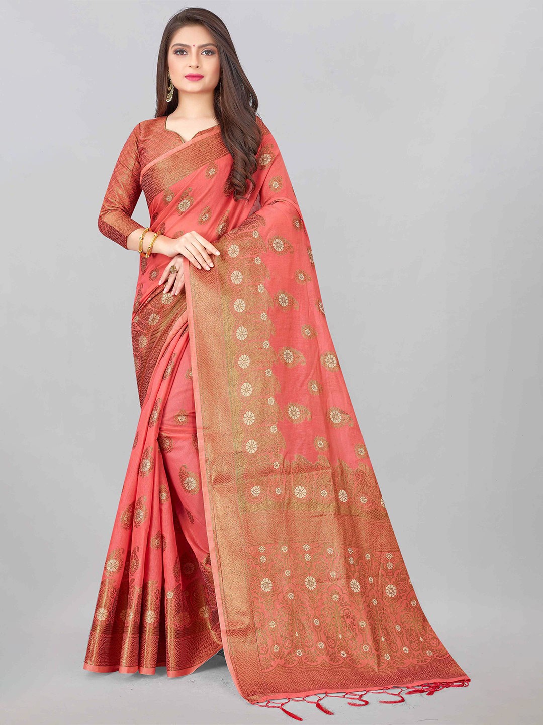 

Mizzific Pink Floral Zari Pure Cotton Chanderi Saree