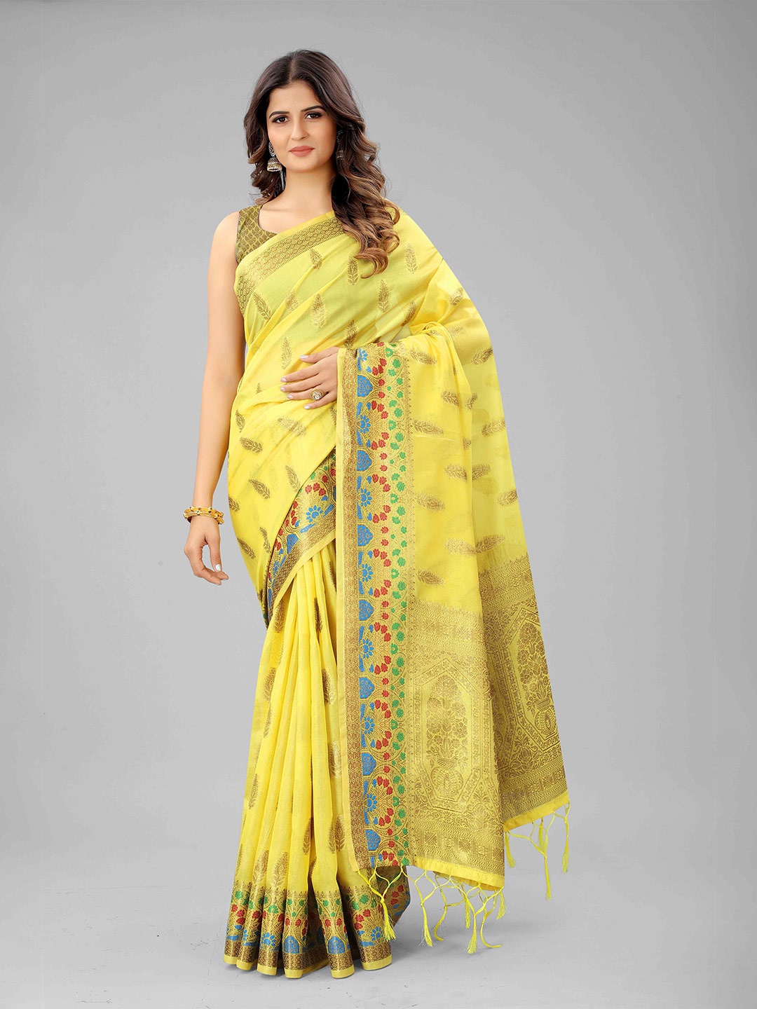 

Mizzific Yellow & Red Woven Design Zari Organza Chanderi Saree