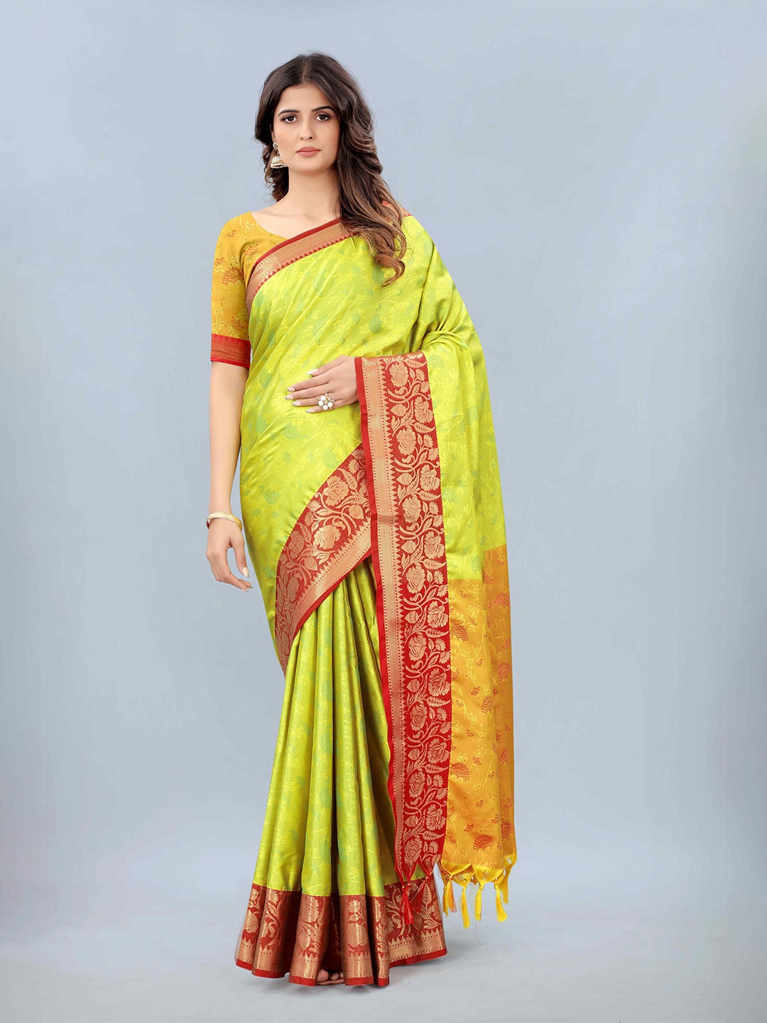 

Mizzific Lime Green & Red Woven Design Zari Silk Cotton Kanjeevaram Saree