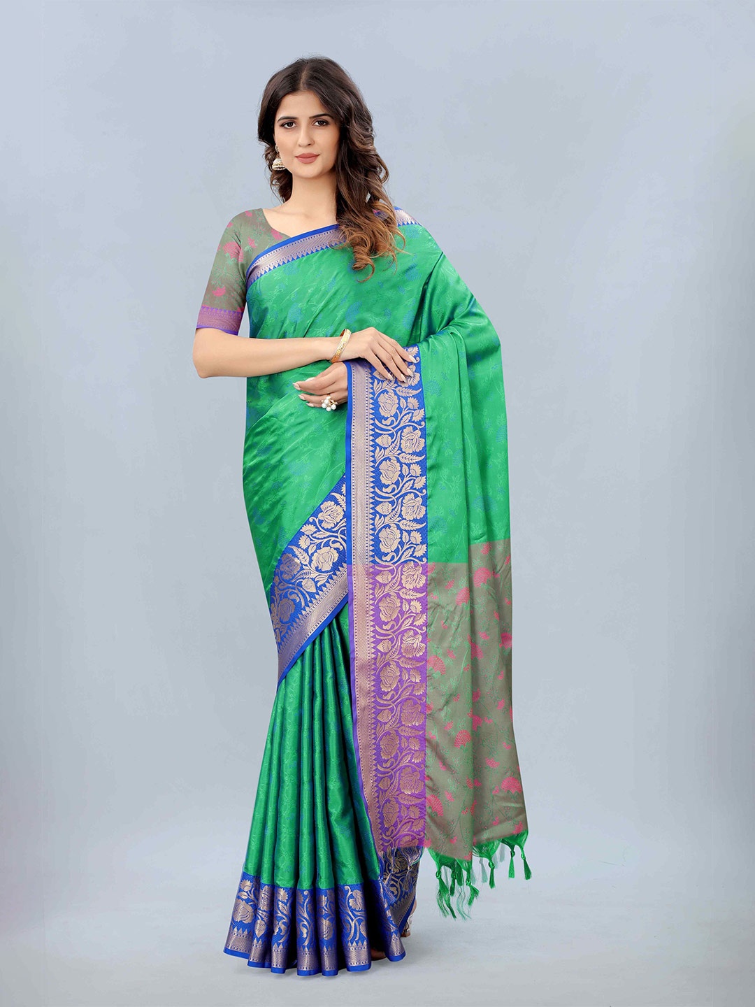 

Mizzific Green & Blue Woven Design Zari Silk Cotton Kanjeevaram Saree