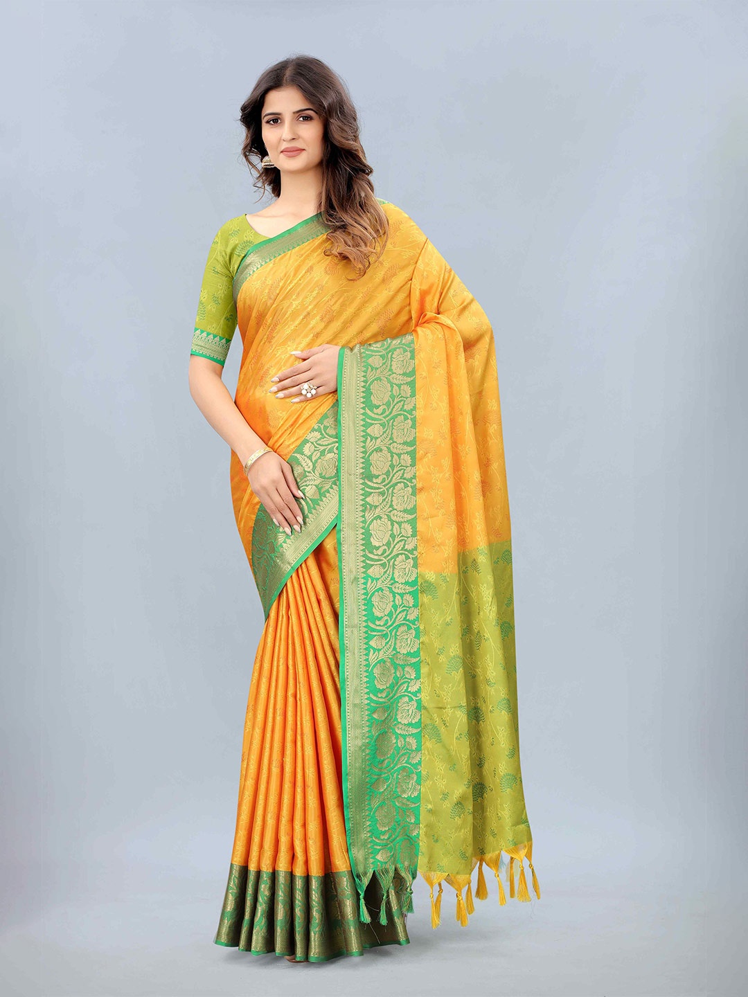 

Mizzific Green & Yellow Floral Zari Silk Cotton Kanjeevaram Saree 100% Cotton