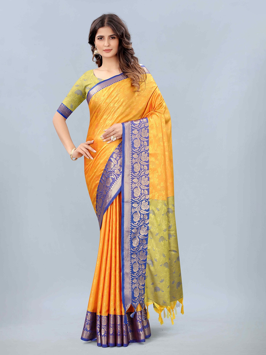 

Mizzific Yellow & Blue Woven Design Silk Cotton Kanjeevaram Saree