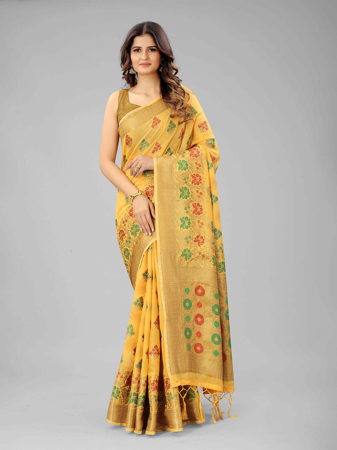 

Mizzific Yellow & Golden Woven Design Zari Pure Cotton Chanderi Saree