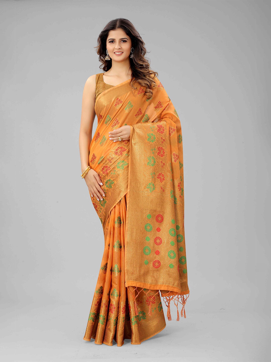 

Mizzific Orange & Green Woven Design Zari Pure Cotton Chanderi Saree