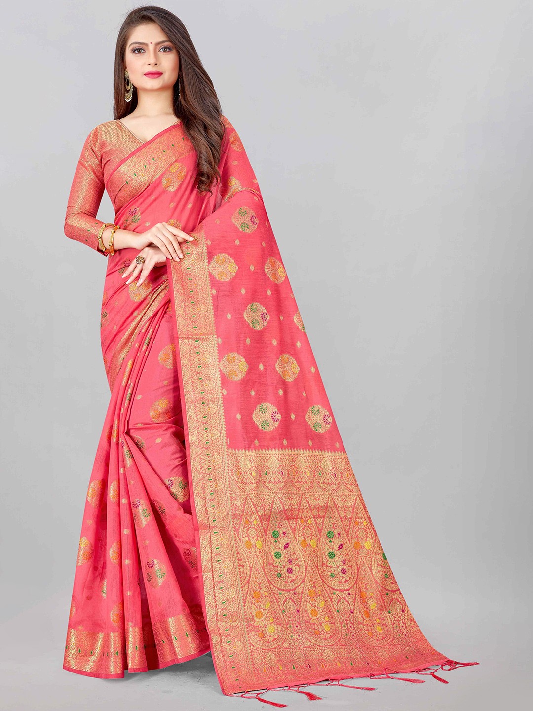 

Mizzific Pink & Gold-Toned Woven Design Zari Pure Cotton Chanderi Saree