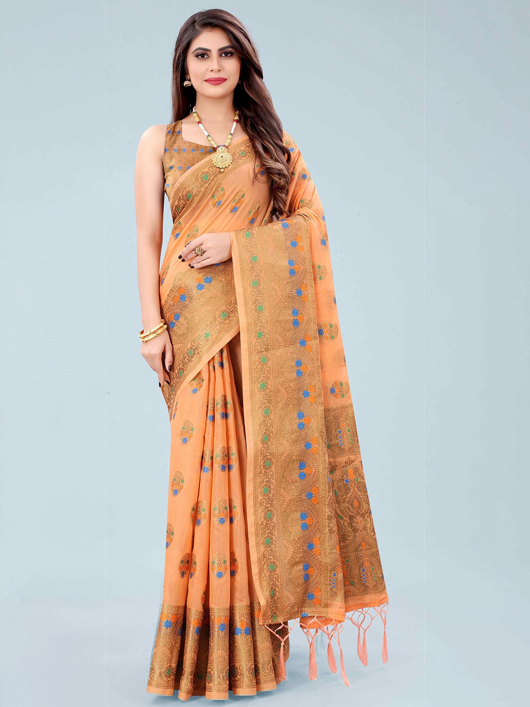 

Mizzific Peach & Gold-Toned Ethnic Motifs Woven Design Zari Pure Cotton Chanderi Saree